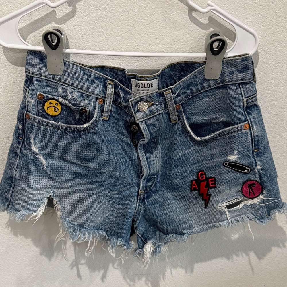 Agolde Blue Distressed Jean Shorts with Patches
